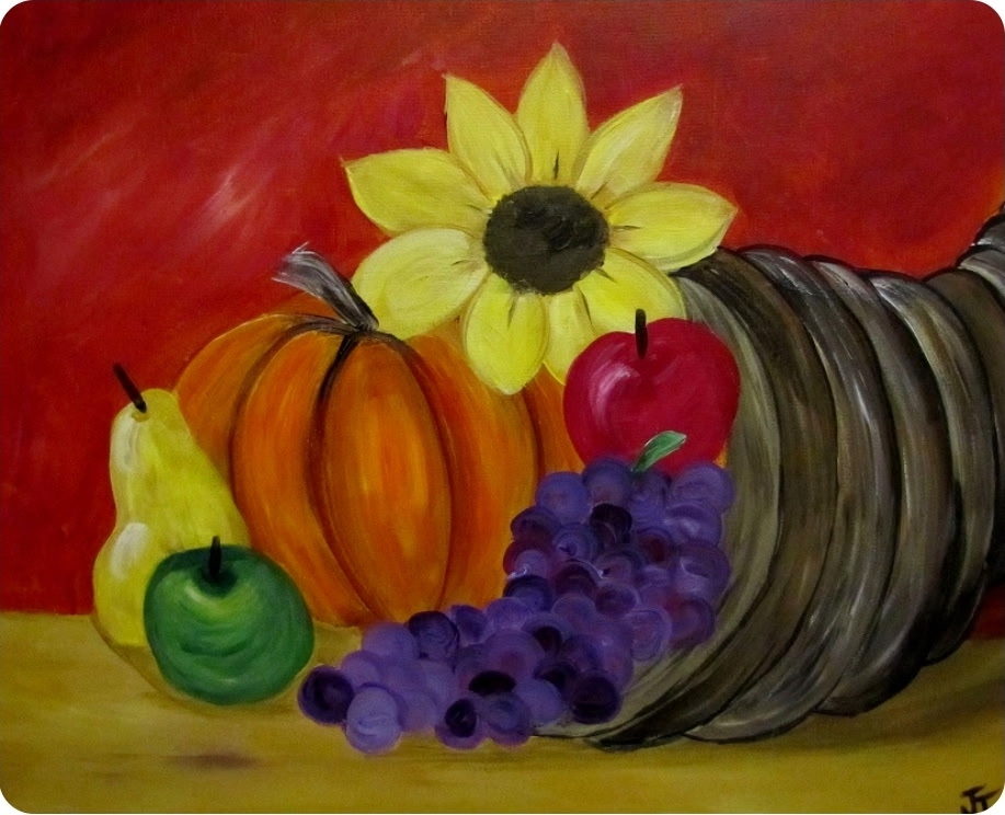 A painted still life with a sunflower, pumpkin, pear, apple, grapes, and a cornucopia